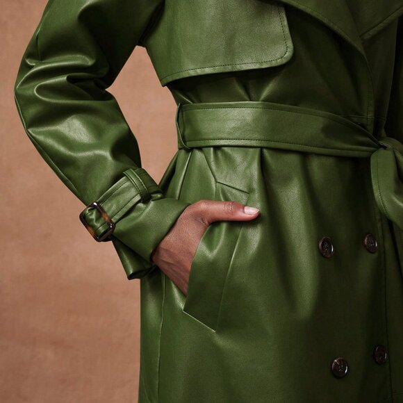 Green Elegant Women's Lapel Polyurethane faux leather Coat - Picture 8 of 8